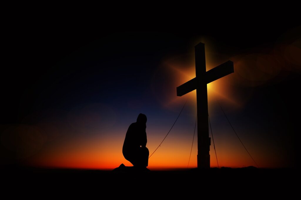 cross, sunset, humility, devotion, silhouette, human, kneeling, knee, pray, worships, prayer, faith, religion, church, symbol, clouds, heaven, christian, crucifixion, quiet, nature, immersion, jesus christ, meditation, jesus, christ, christianity, black, figure
